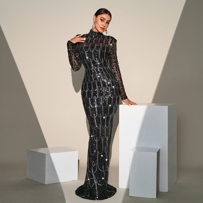 Women's Black Long-Sleeve Sequin Maxi Evening Gown - Black