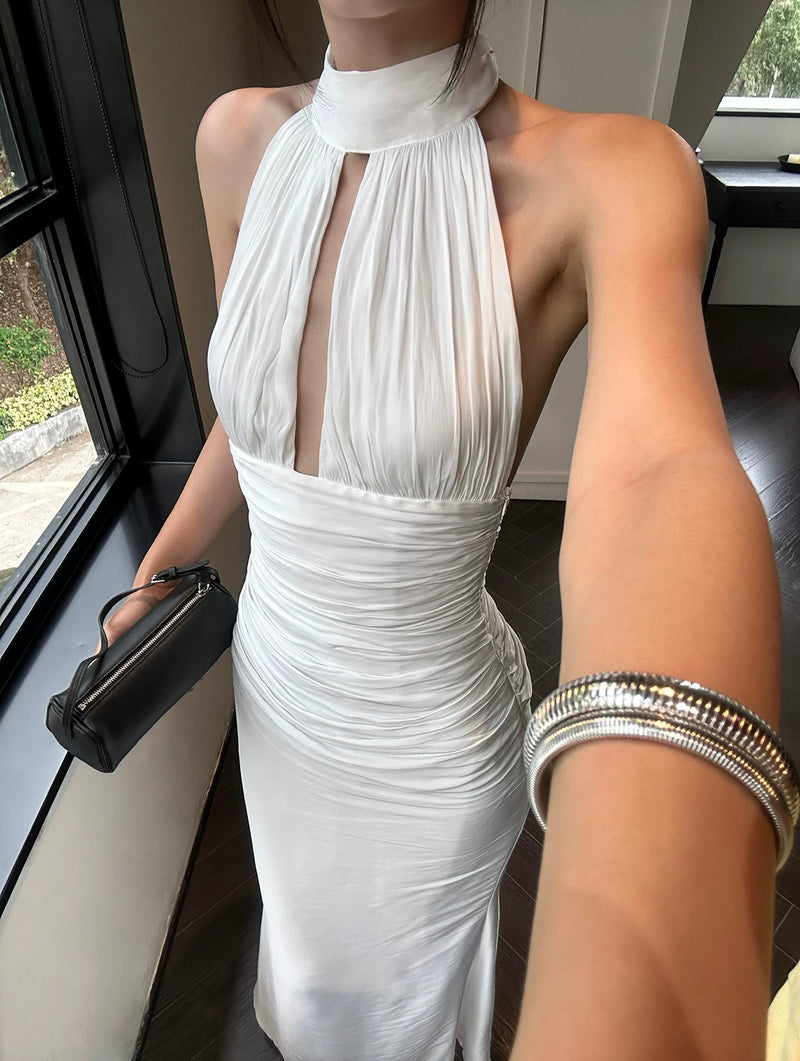 White Keyhole Halter Ruched Satin Maxi Dress - detail or back view