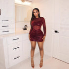 Women's Red Sheer-Sleeve Lace-Panel Mini Dress