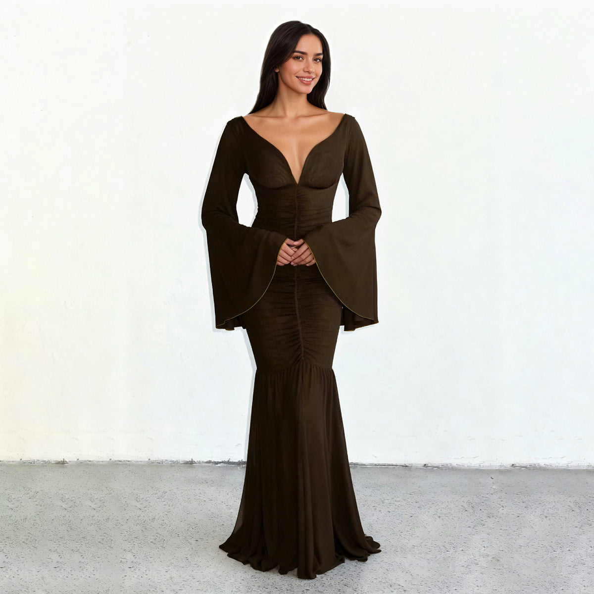 Women's Strapless Bell-Sleeve Bodycon Maxi Evening Dress - Brown - Style 45464