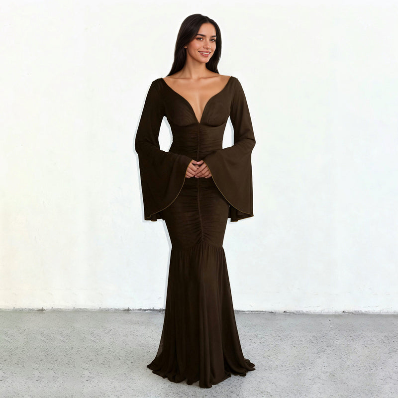 Women's Strapless Bell-Sleeve Bodycon Maxi Evening Dress - Brown - Style 45464