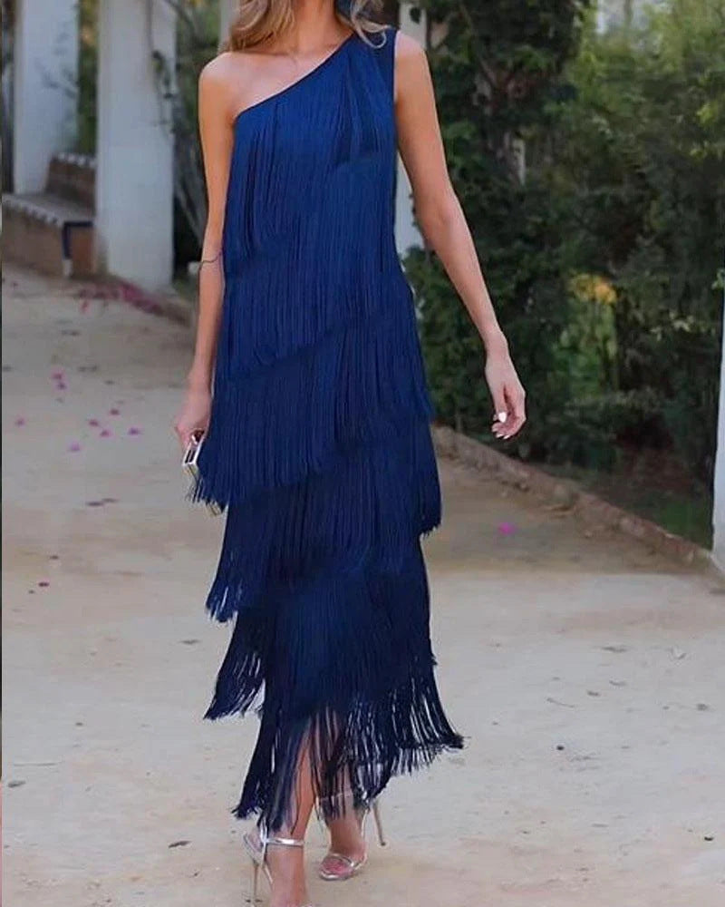 Women's One-Shoulder Fringe Evening Dress - Blue