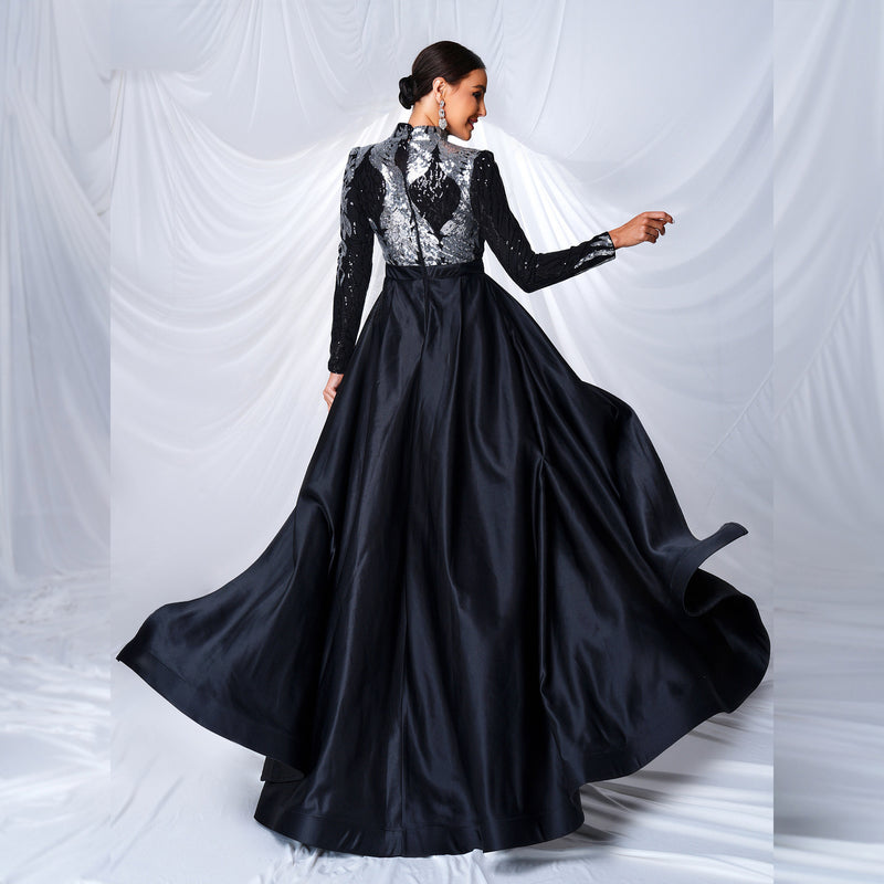 Women's Round-Neck Long-Sleeve Sequin Mermaid Maxi Evening Dress