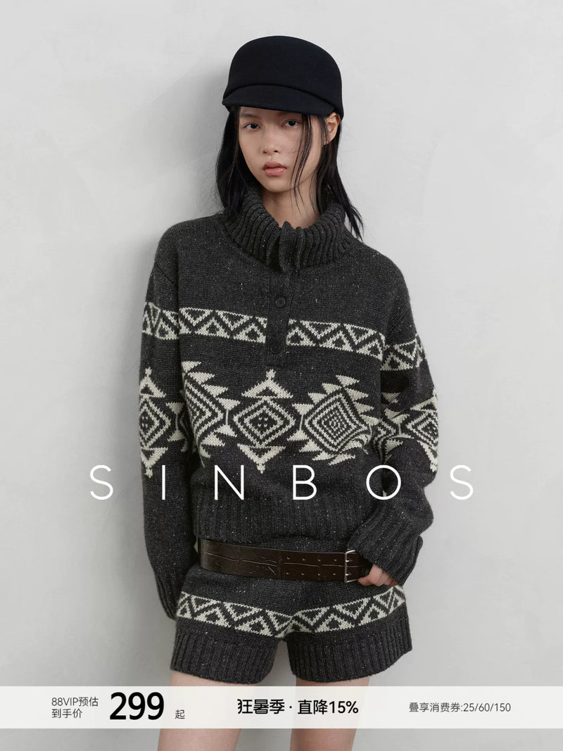 SINBOS屿纹双叙 绵羊毛复古几何提花毛衣&短裤套装女2026秋季新款