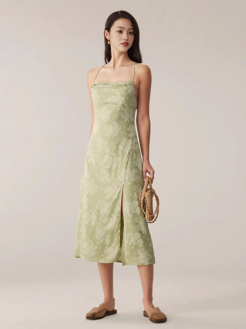 Women's Green Cowl-Neck Open-Back Maxi Dress with Slit
