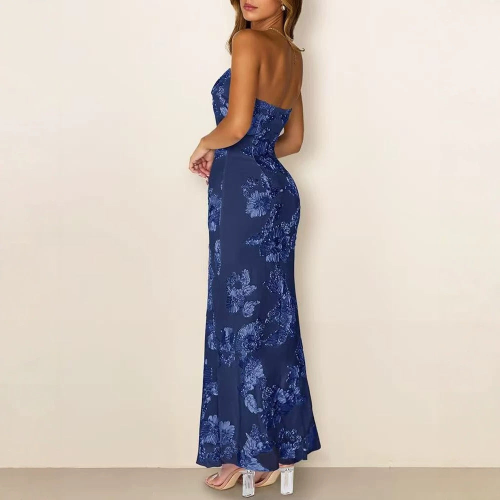 Women's Strapless Floral Bodycon Evening Dress - Navy