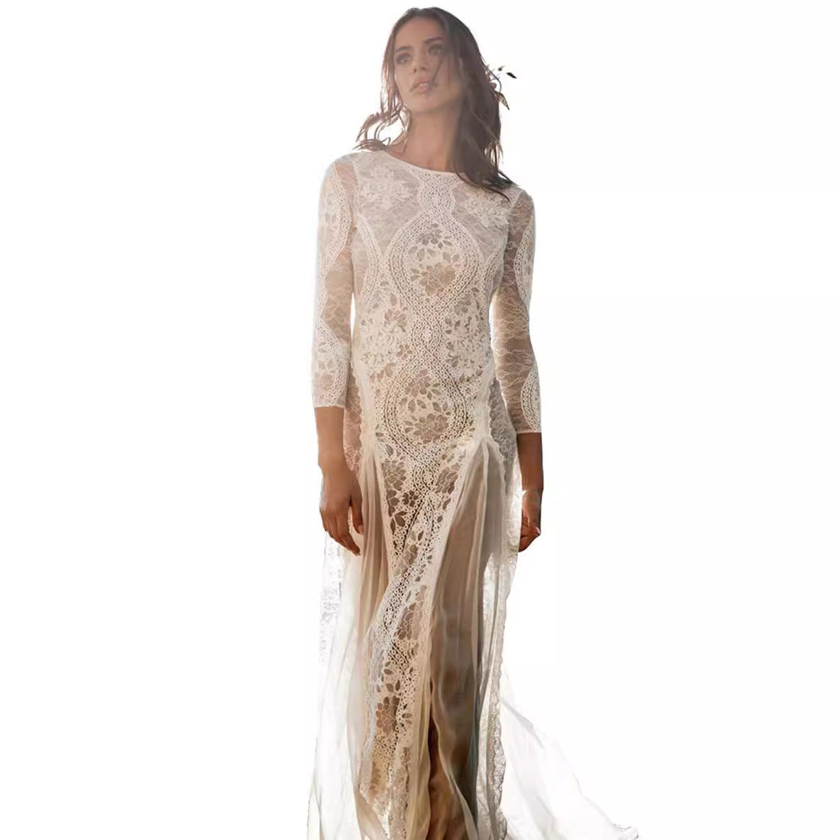 Women's Long-Sleeve Lace Open-Back Wedding Dress