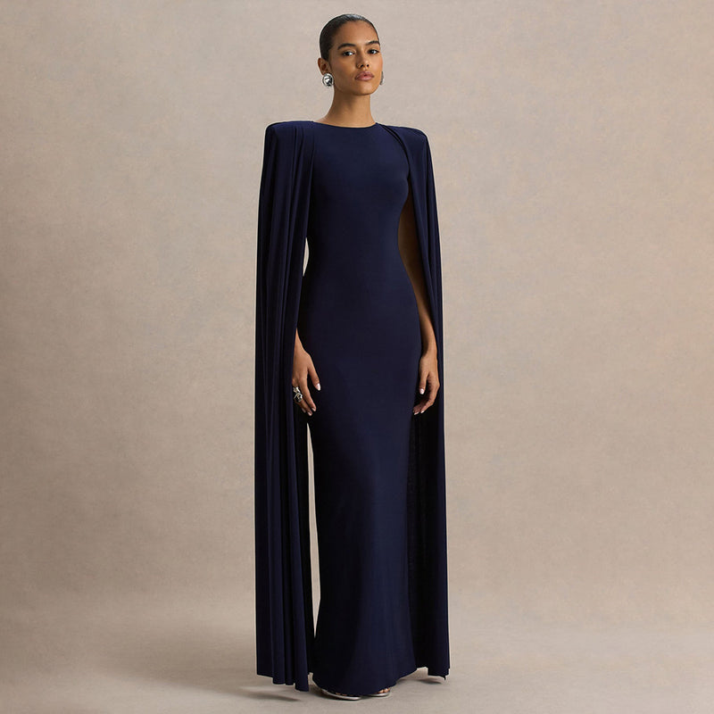 Women's Round-Neck Ruched Maxi Evening Dress