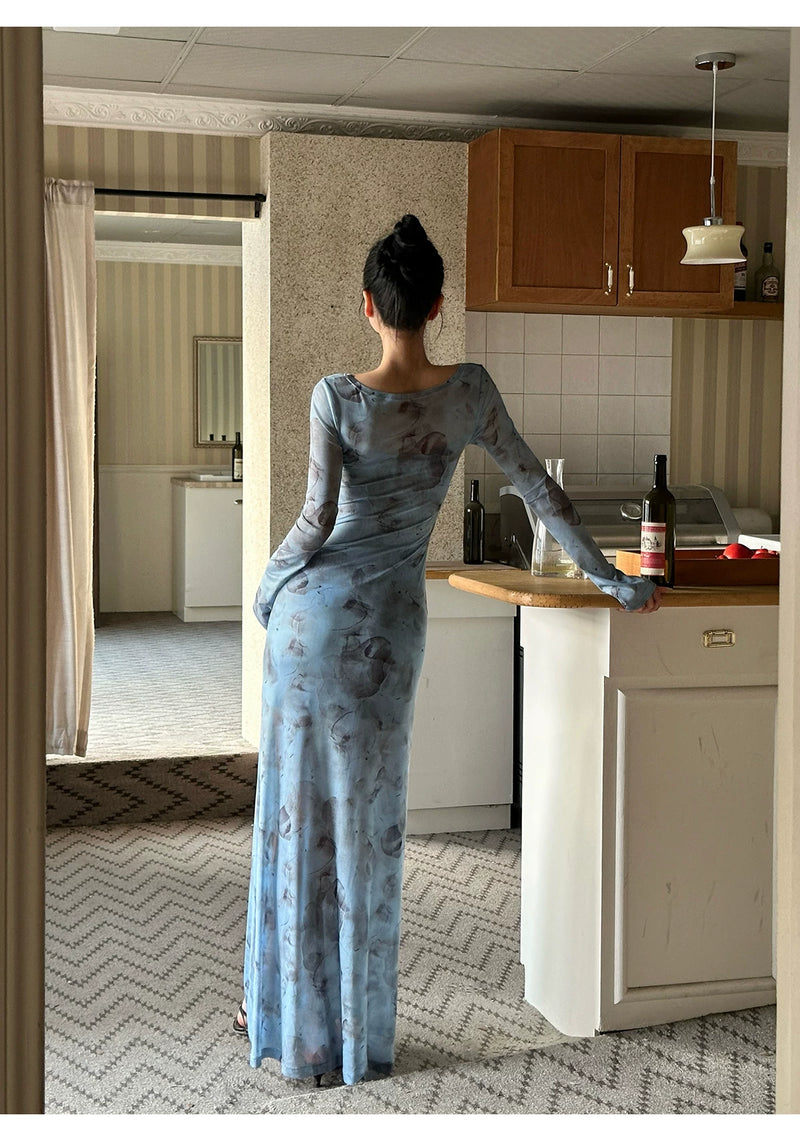 Blue Floral Ring Front Long Sleeve Maxi Dress - detail or back view