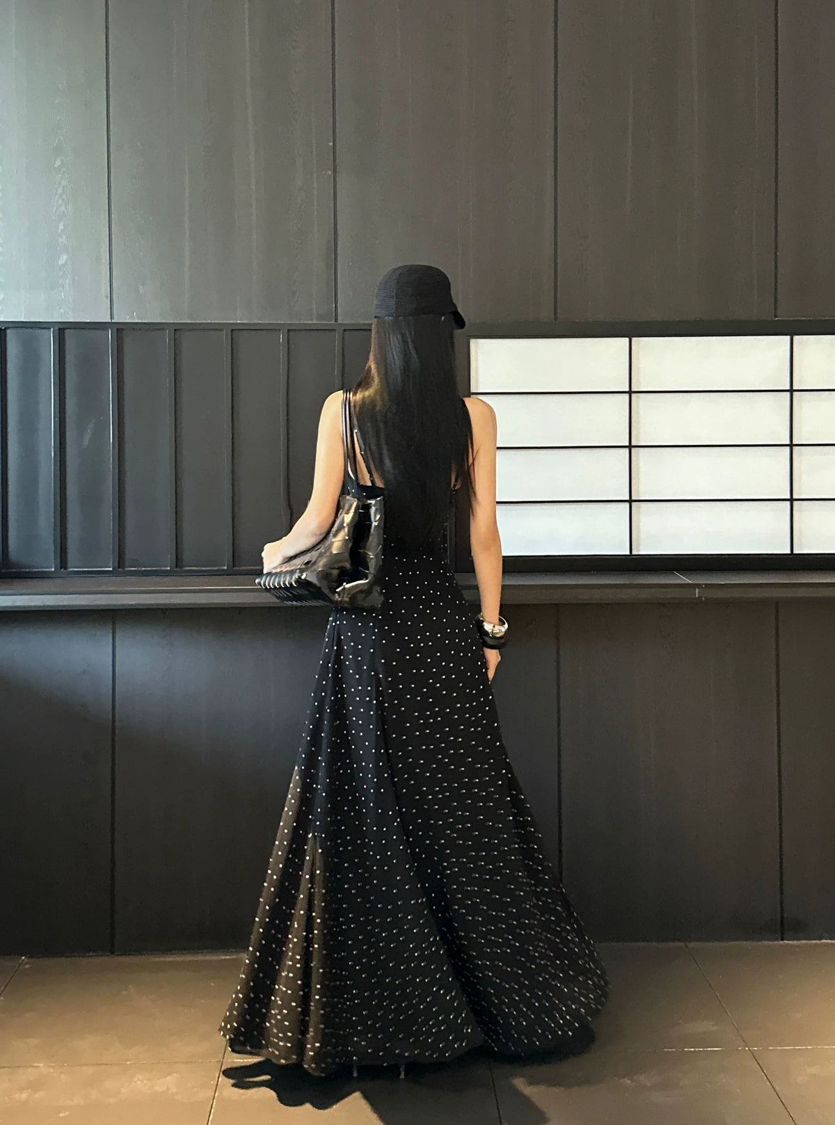 Black Polka Dot Lace Up Maxi Dress - detail or back view