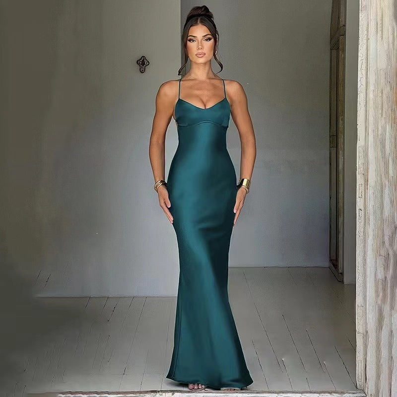 Women's Spaghetti-Strap Satin Evening Dress - Green