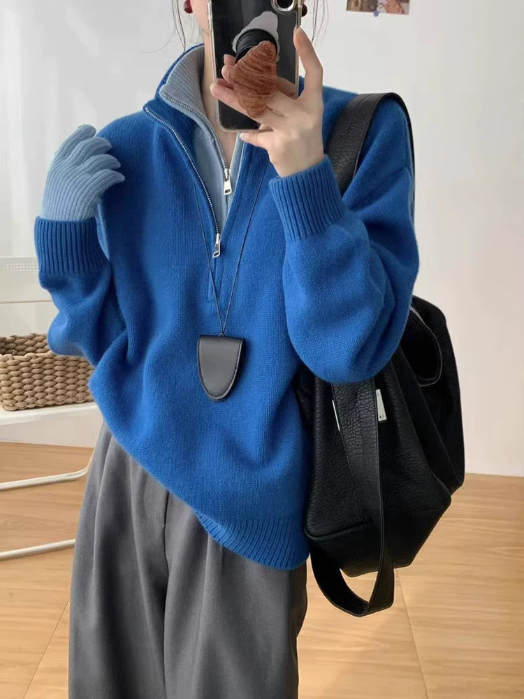 克莱因蓝色假两件半拉链立领毛衣女秋冬设计感独特别致针织衫上衣