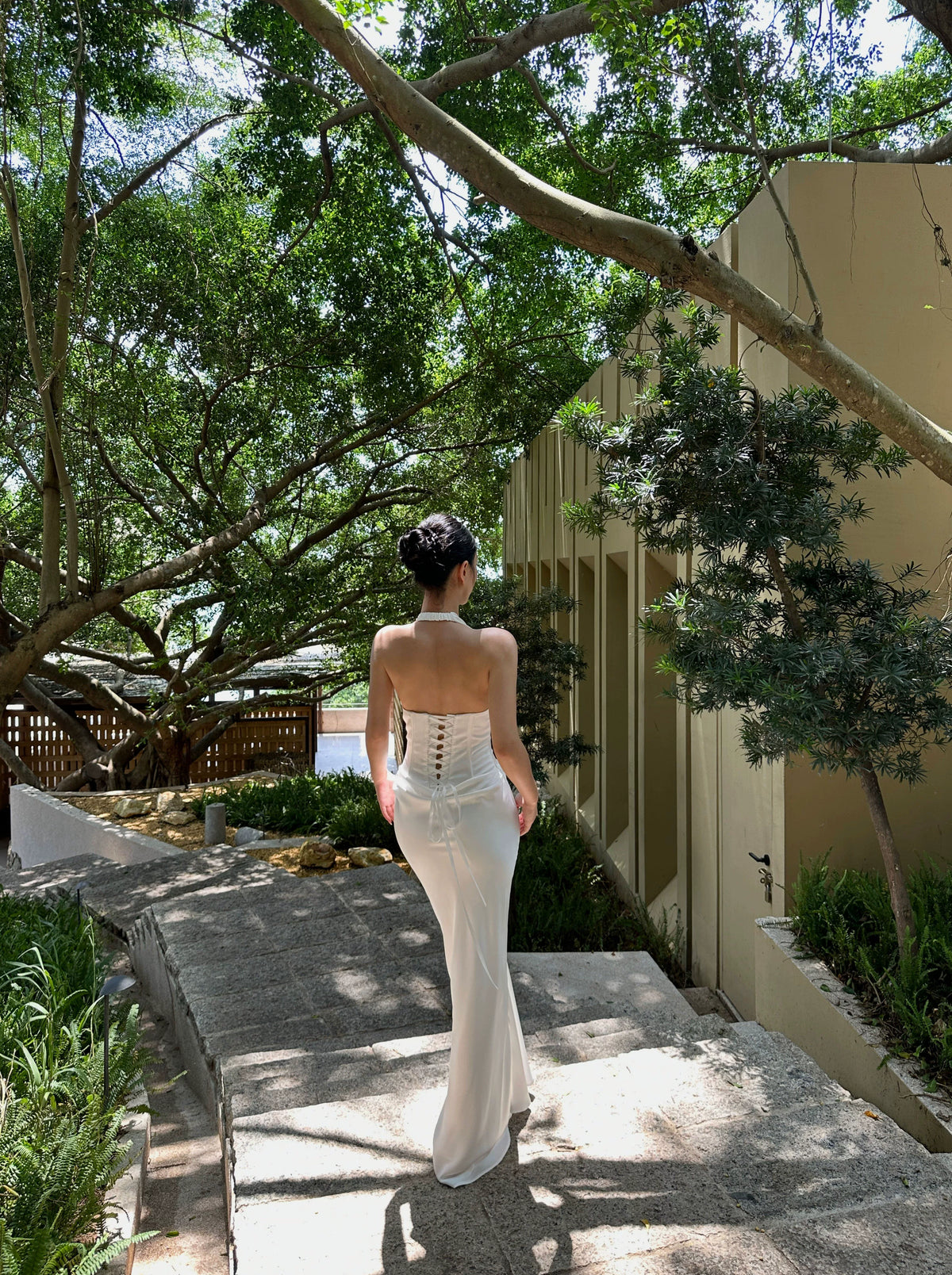 White Ruched Halter Corset Maxi Dress - detail or back view