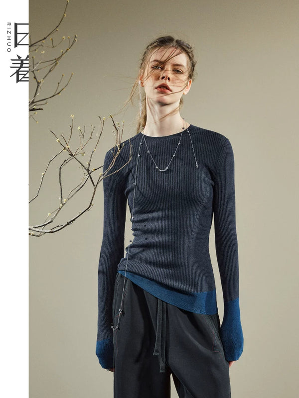日着原创双色嵌花羊毛针织衫2026年秋季新款女显瘦打底上衣毛衫女