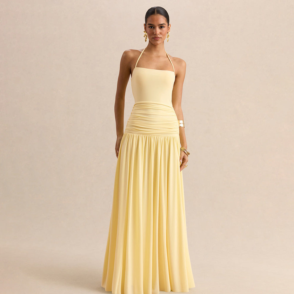 Women's Halter Ruched Evening Dress with Open Back