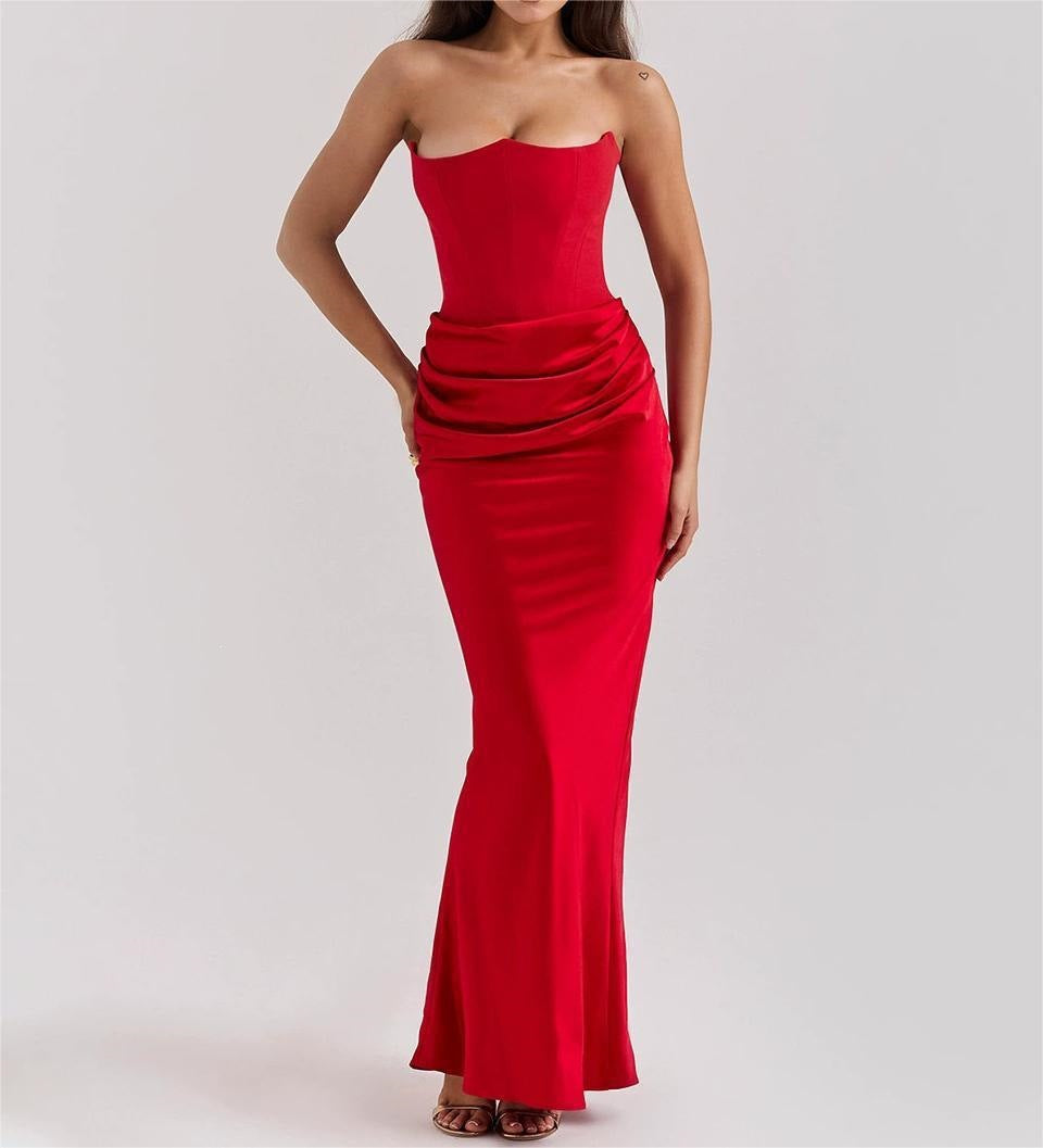 Women's Strapless Evening Dress with Open Back - Red