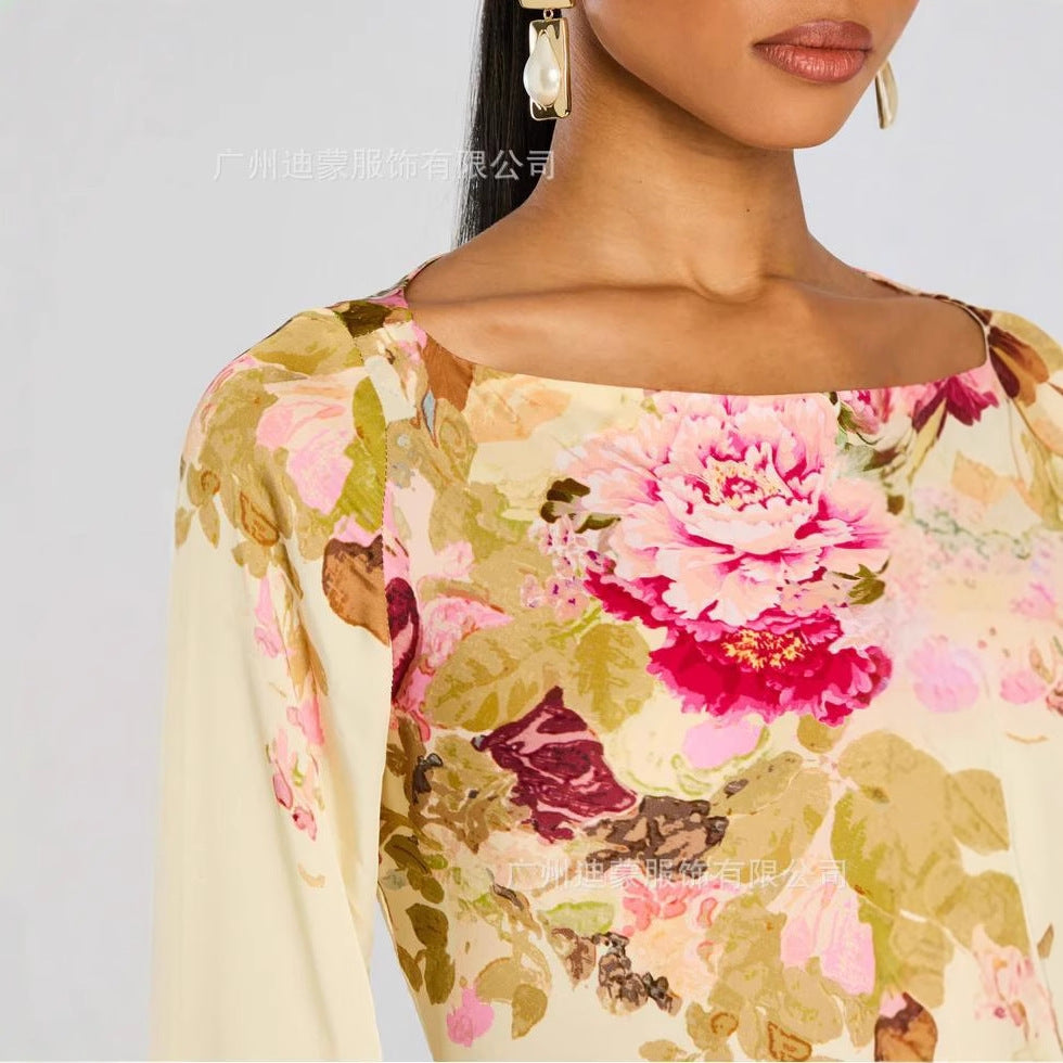 Floral Bell-Sleeve Maxi Evening Dress