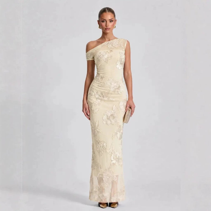 Women's One-Shoulder Mesh Mermaid Maxi Evening Dress