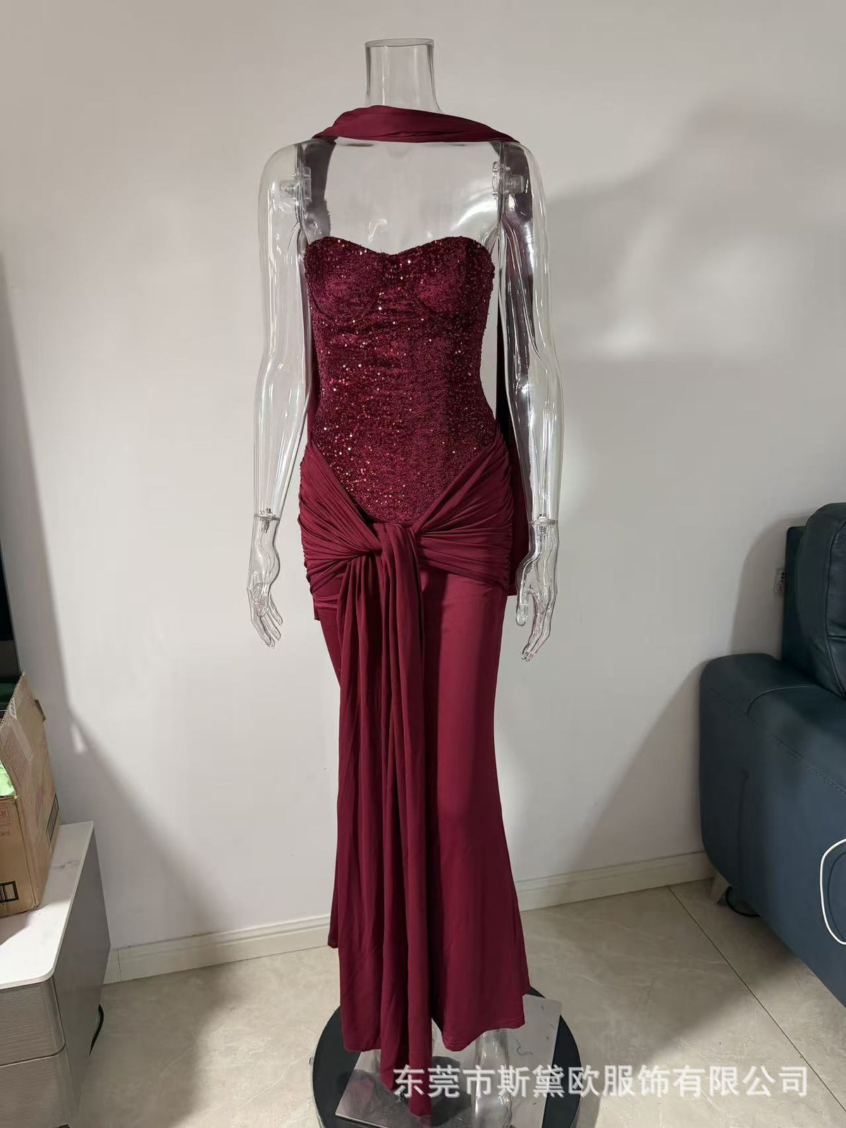 Women's Strapless Sequin Maxi Evening Dress - Burgundy
