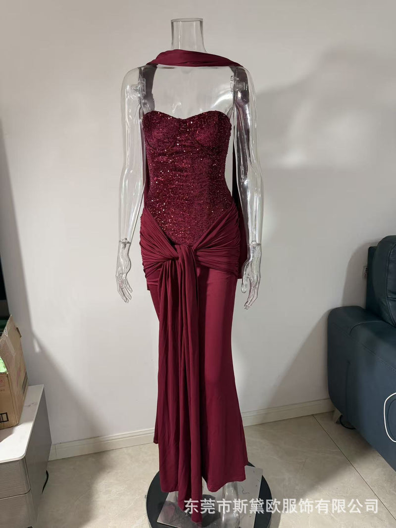Women's Strapless Sequin Maxi Evening Dress - Burgundy