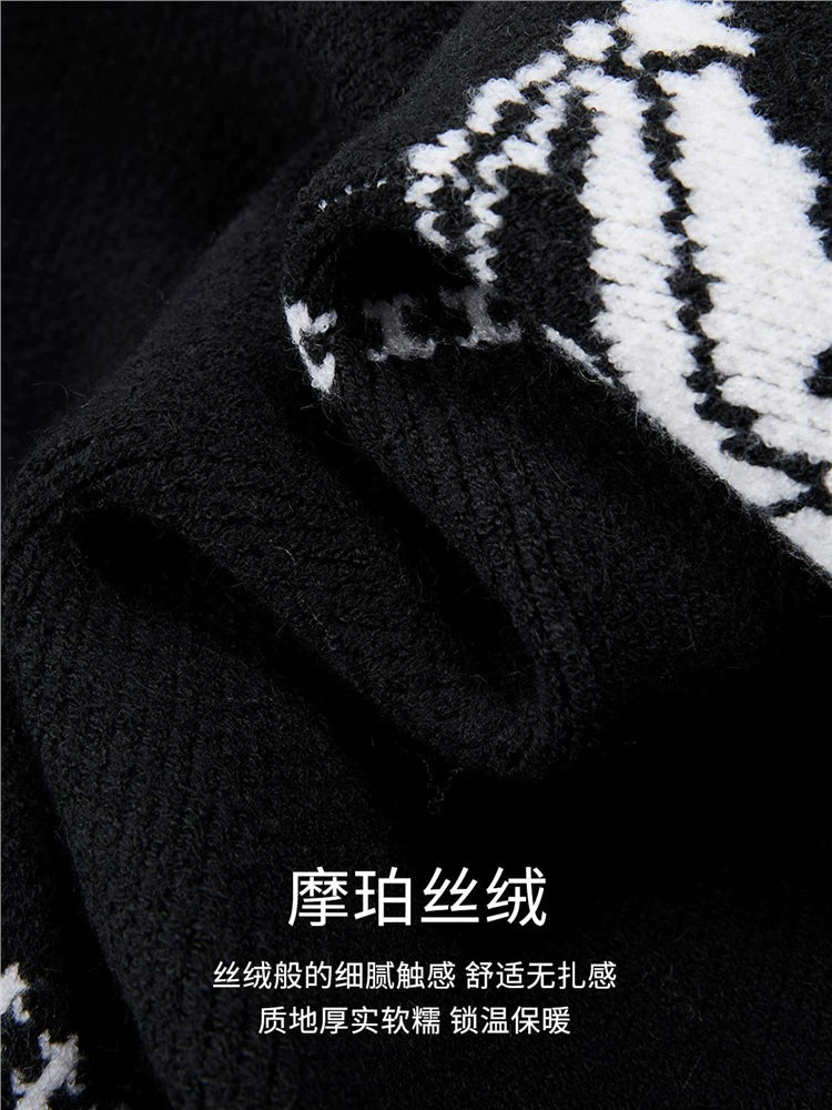 设计师款佐丹奴童趣风毛衣女撞色马匹提花宽松圆领针织衫18355613