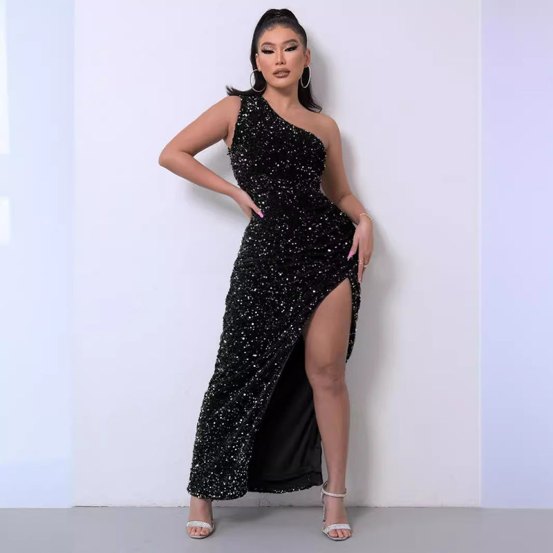 Women's One-Shoulder Velvet Sequin Slit Evening Gown