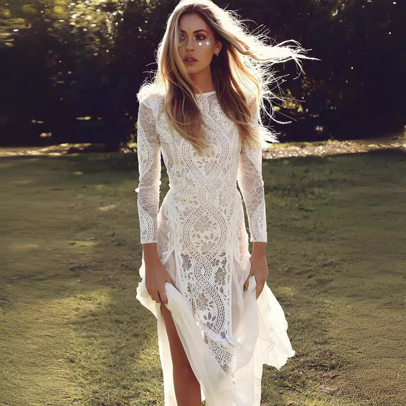 Women's Round-Neck Long-Sleeve Lace Wedding Dress with Open Back