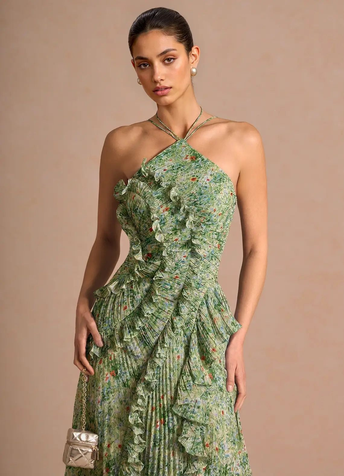 Women's Floral Ruched V-Neck Maxi Evening Dress - Green Ditsy Floral