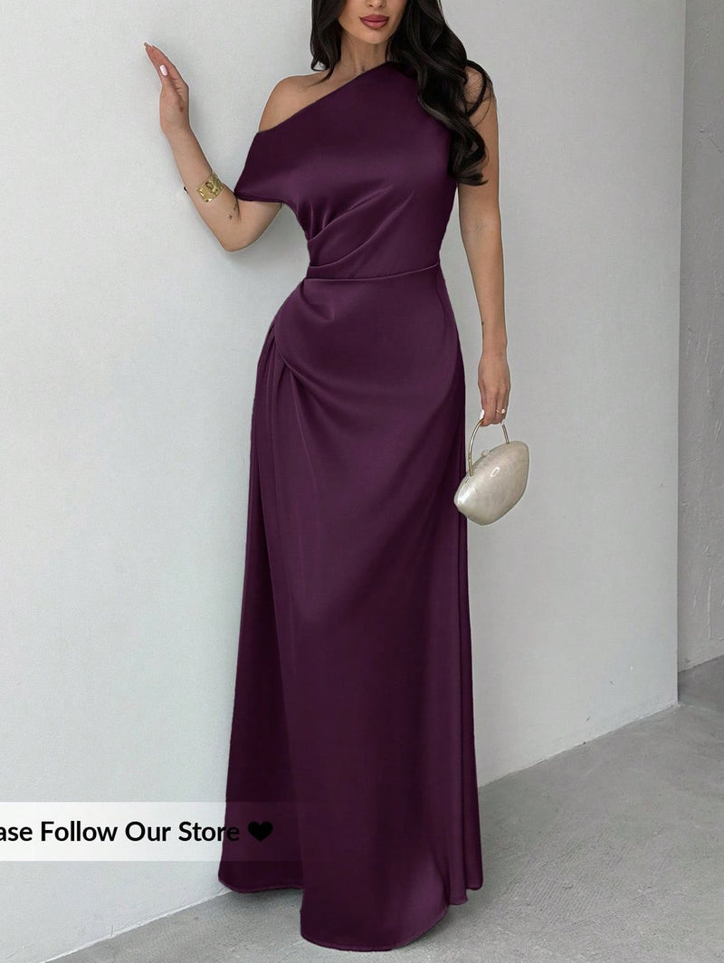 Women's One-Shoulder Satin Ruched Evening Dress
