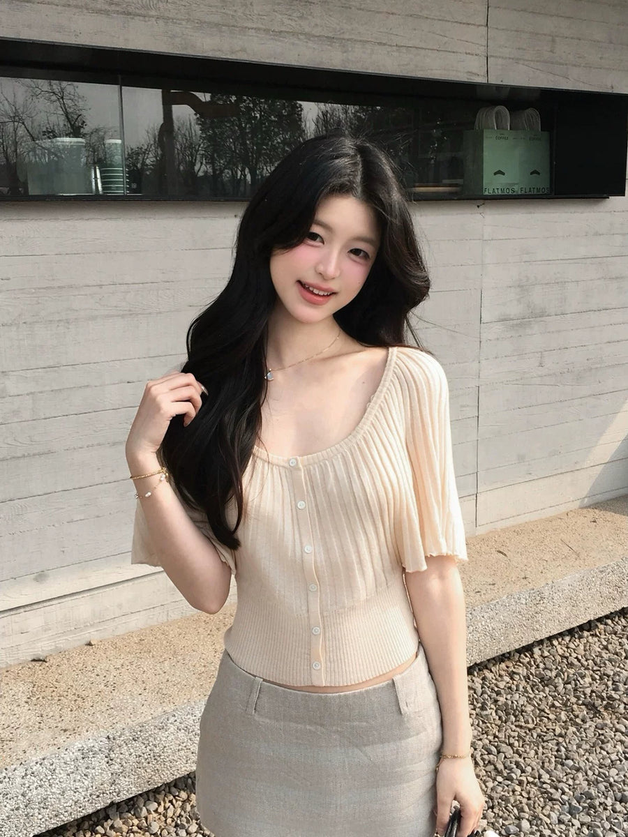 法式蝙蝠袖冰丝亚麻短袖针织衫女夏季独特漂亮初夏收腰风琴褶上衣