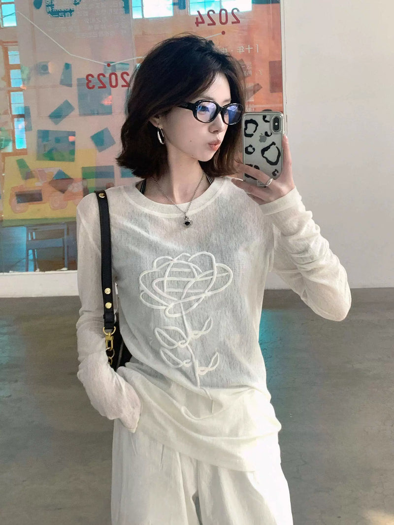 立体印花长袖T恤女设计感小众显瘦弹力薄款防晒罩衫微透网纱上衣