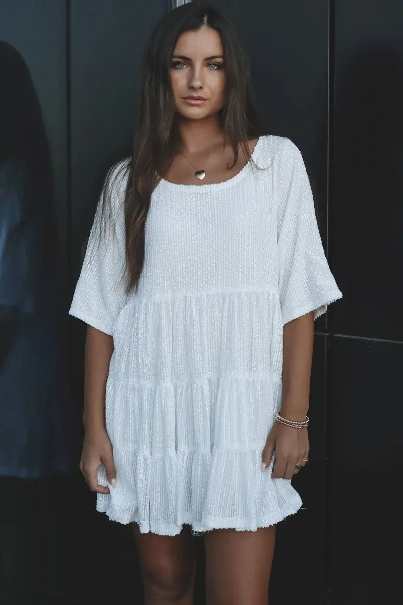 Women's Round-Neck Short-Sleeve Sequin Evening Dress