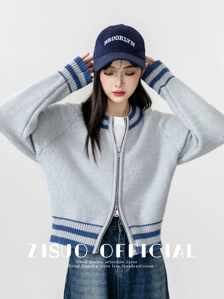2026春秋新款双拉链灰色毛衣外套女宽松针织棒球服开衫短款上衣潮