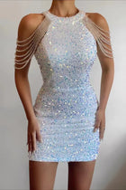 Women's Halter Sequin Fringe Bodycon Evening Dress - White