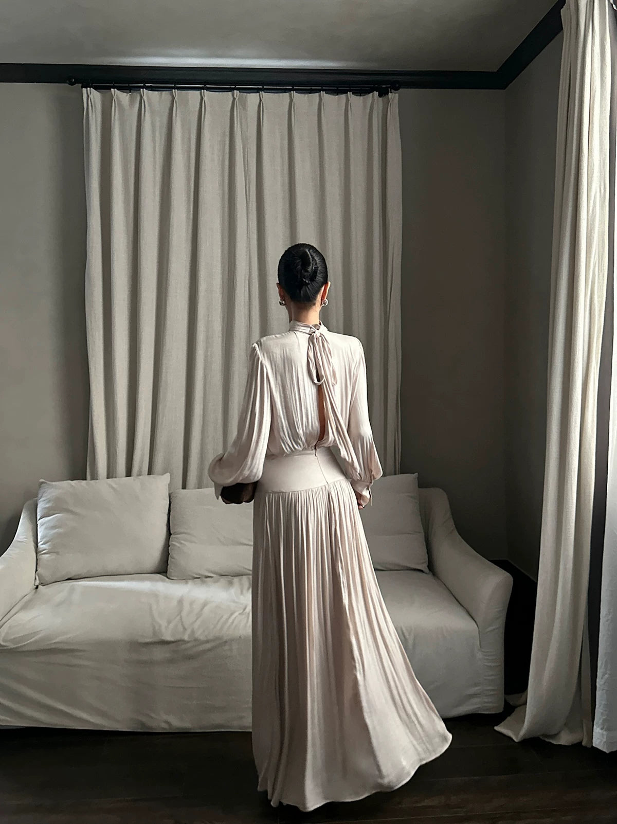 Champagne Mock Neck Long Sleeve Pleated Maxi Dress - detail or back view