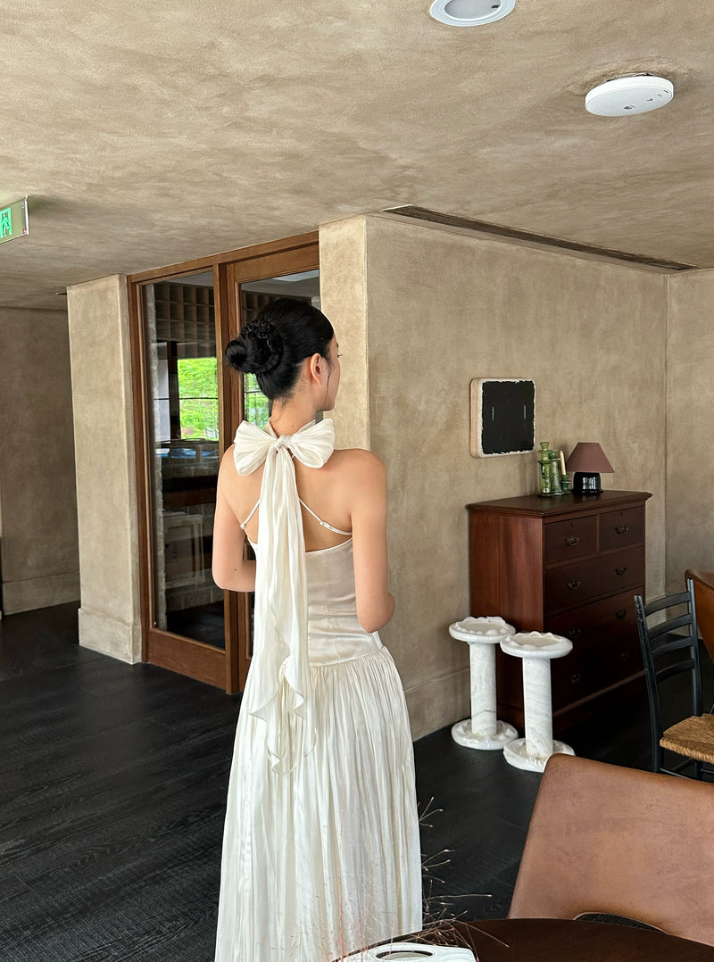 Scarf-Neck Pleated Satin Maxi Dress - detail or back view