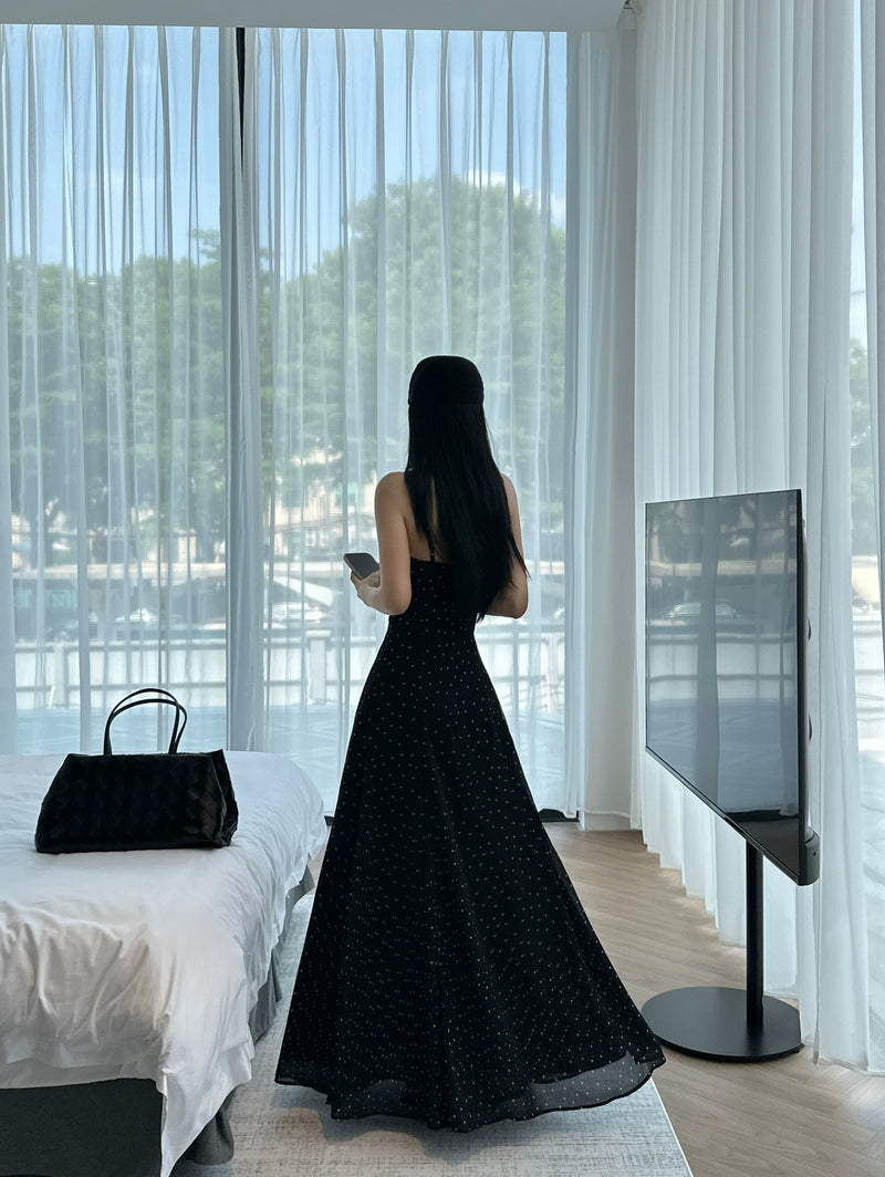 Black Polka Dot Lace Up Maxi Dress - detail or back view