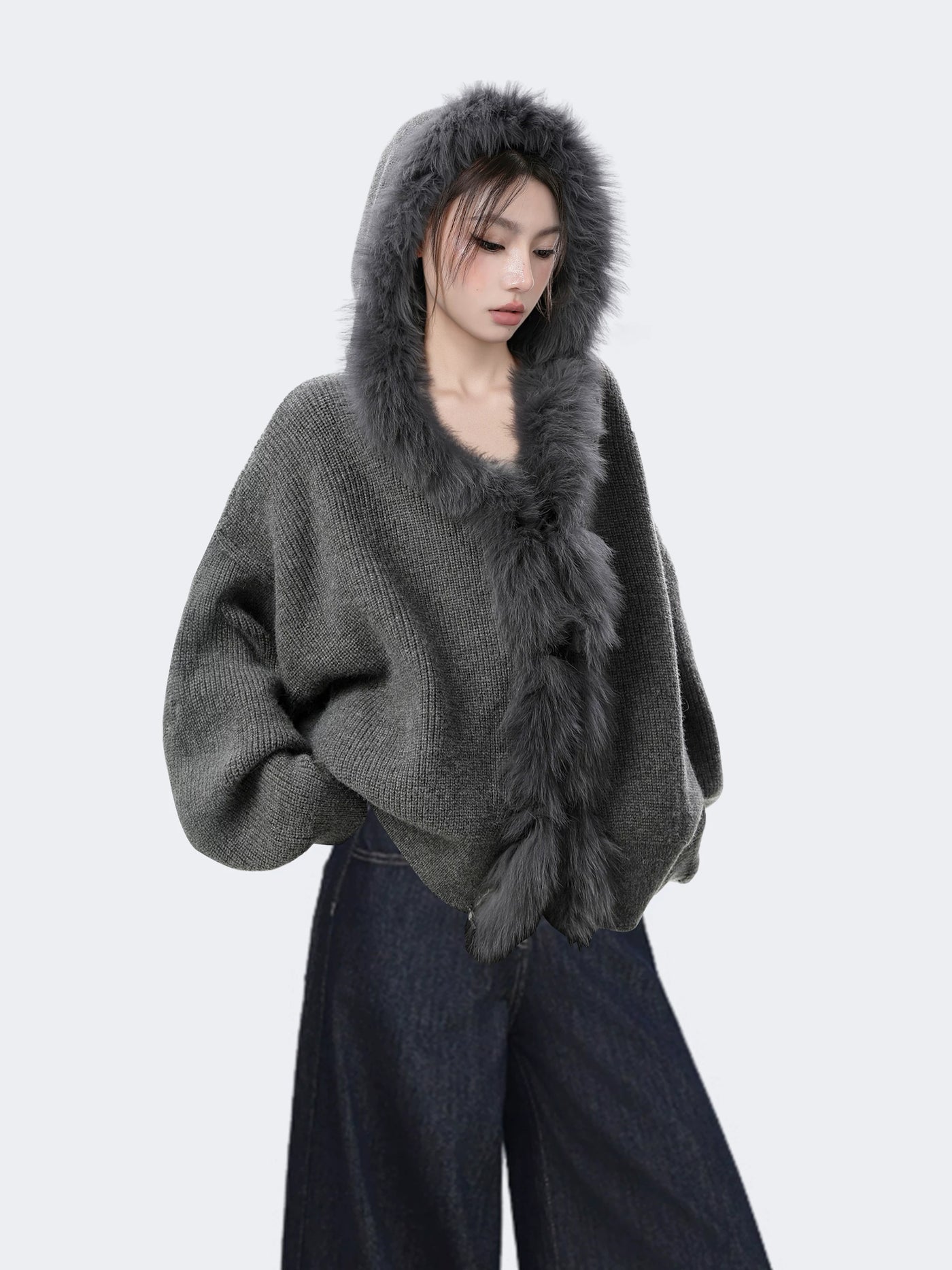 灰色毛领连帽针织毛衣外套女秋冬季加厚宽松慵懒高级开衫上衣外穿