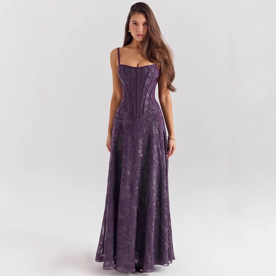 Floral Lace Appliqué Tulle Evening Gown