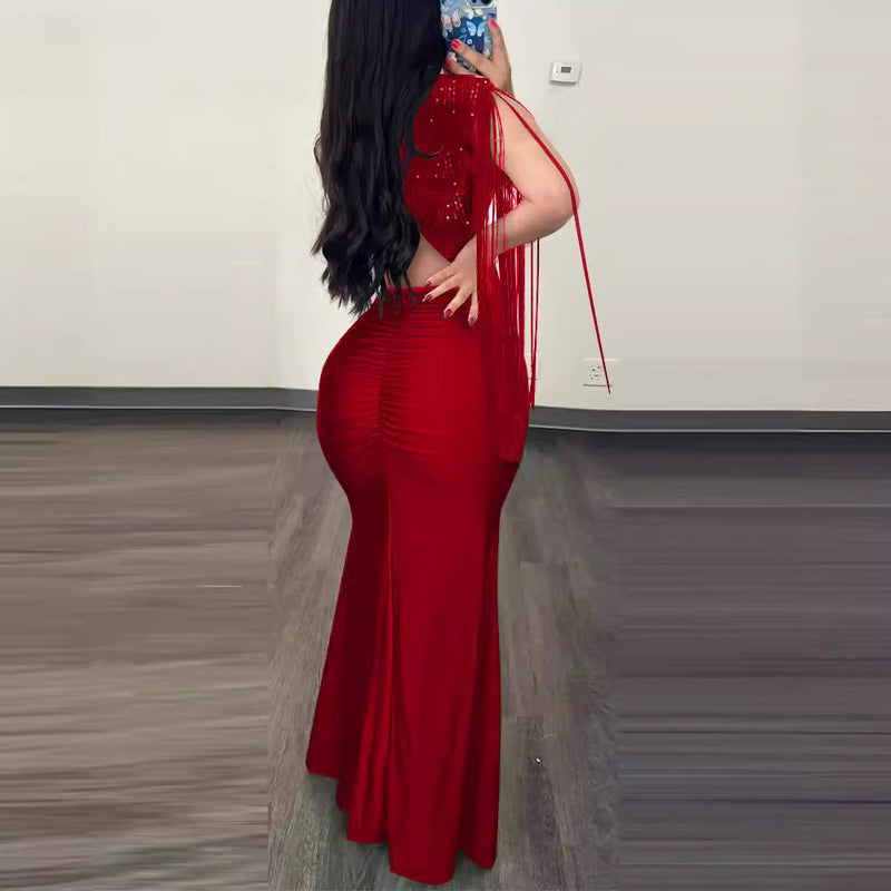Women's Sequin Slit Dress with Fringe Sleeves