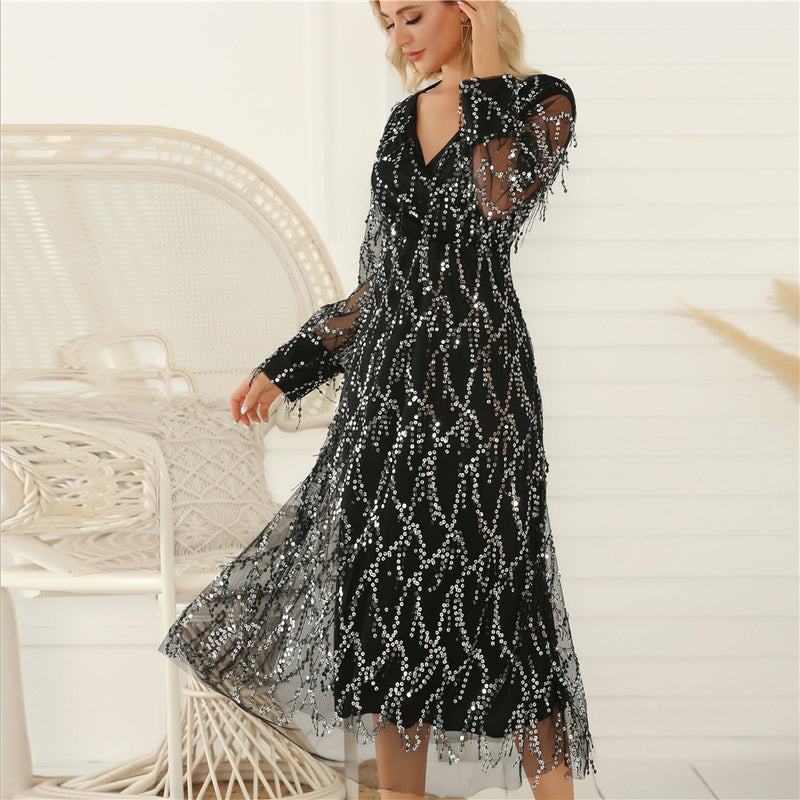 Long-Sleeve V-Neck Fringe Evening Dress