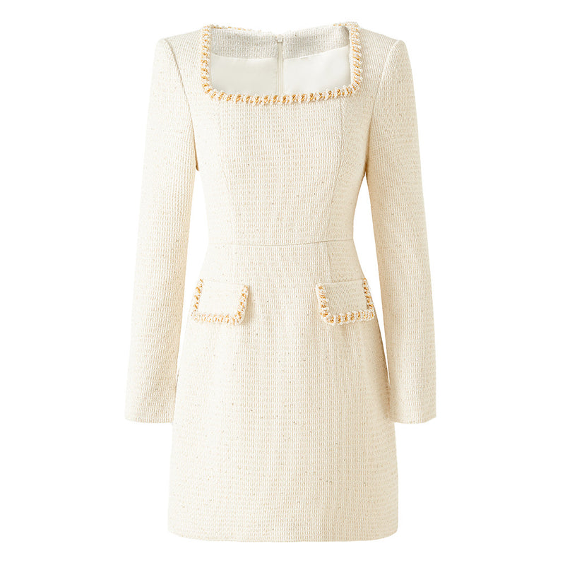Women's Square-Neck Long-Sleeve Evening Dress - Ivory - Long Sleeve