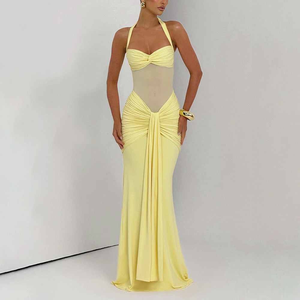 Women's Ruched Halter Maxi Evening Dress