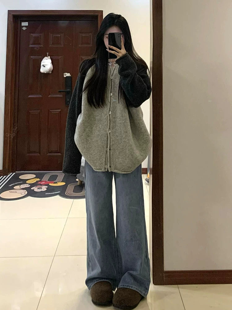 慵懒风灰色长袖开衫毛衣女秋季2026年新款拼接撞色针织衫上衣外套