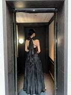 Scarf-Neck Pleated Satin Maxi Dress - detail or back view