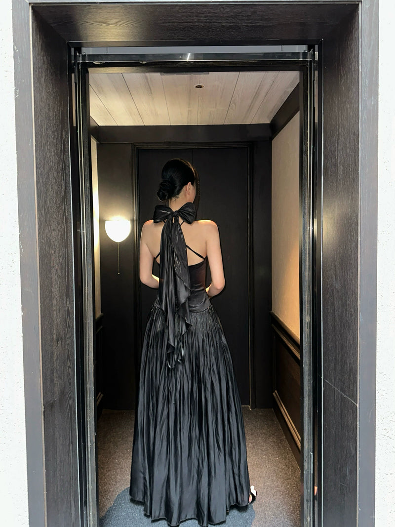 Scarf-Neck Pleated Satin Maxi Dress - detail or back view