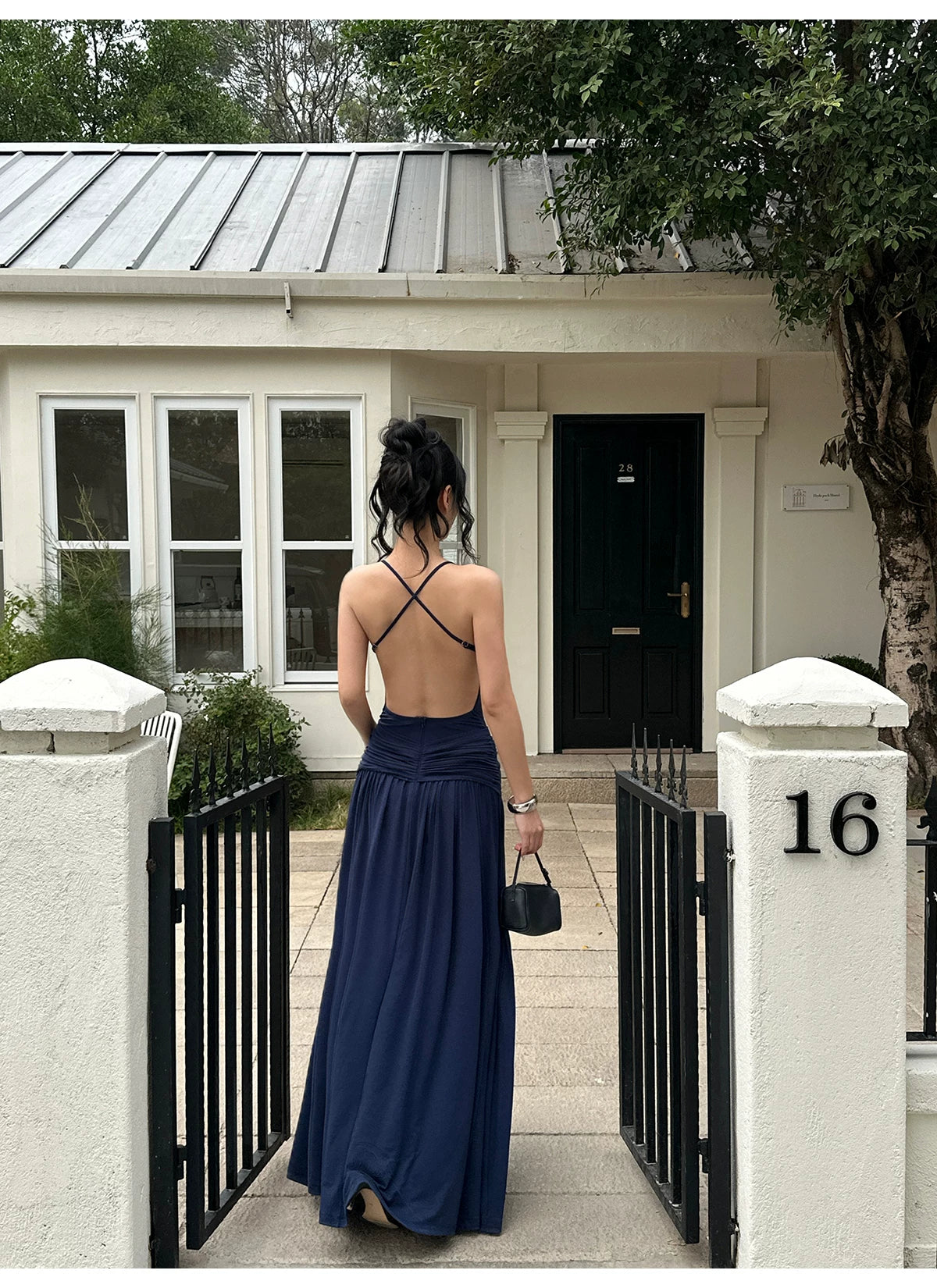 Navy Ring Front Ruched Drop Waist Maxi Dress - detail or back view