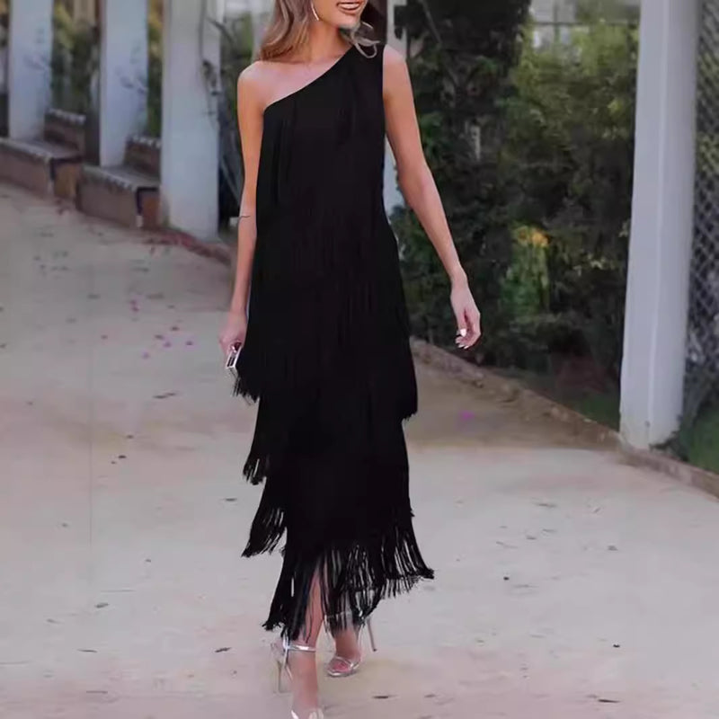 Women's One-Shoulder Fringe Evening Dress