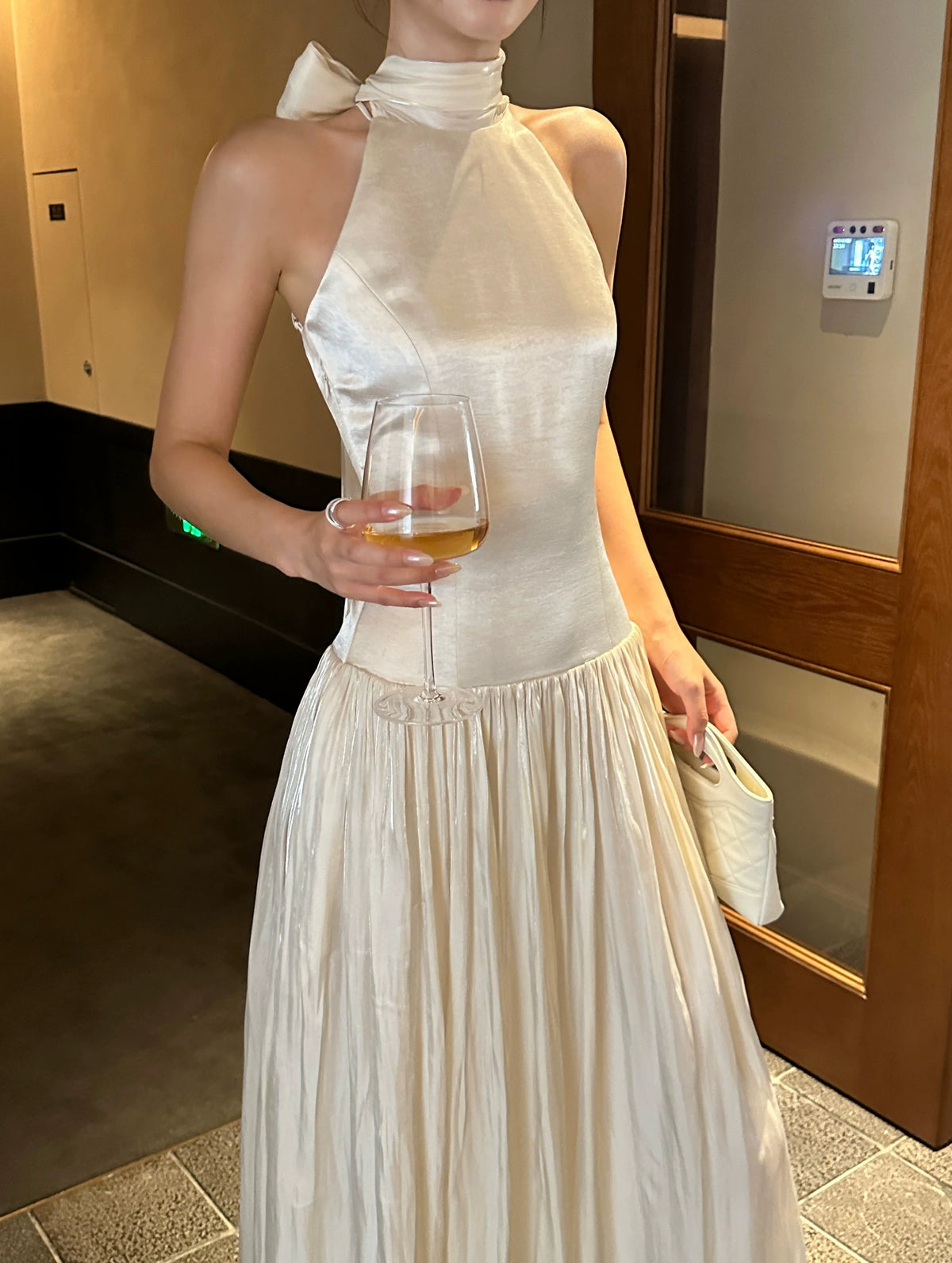 Scarf-Neck Pleated Satin Maxi Dress - detail or back view