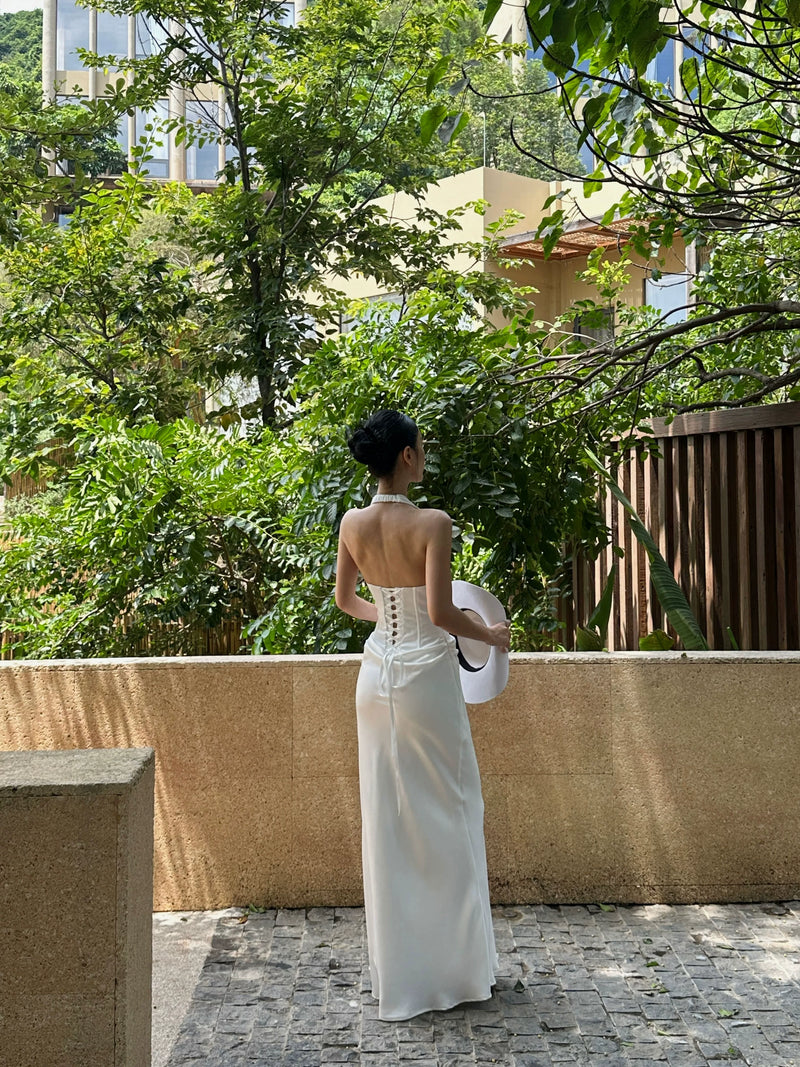 White Ruched Halter Corset Maxi Dress - detail or back view